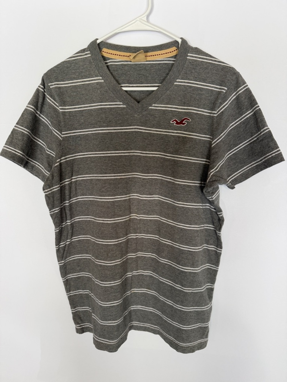 Hollister Gray Striped V-Neck Tee with Red Logo